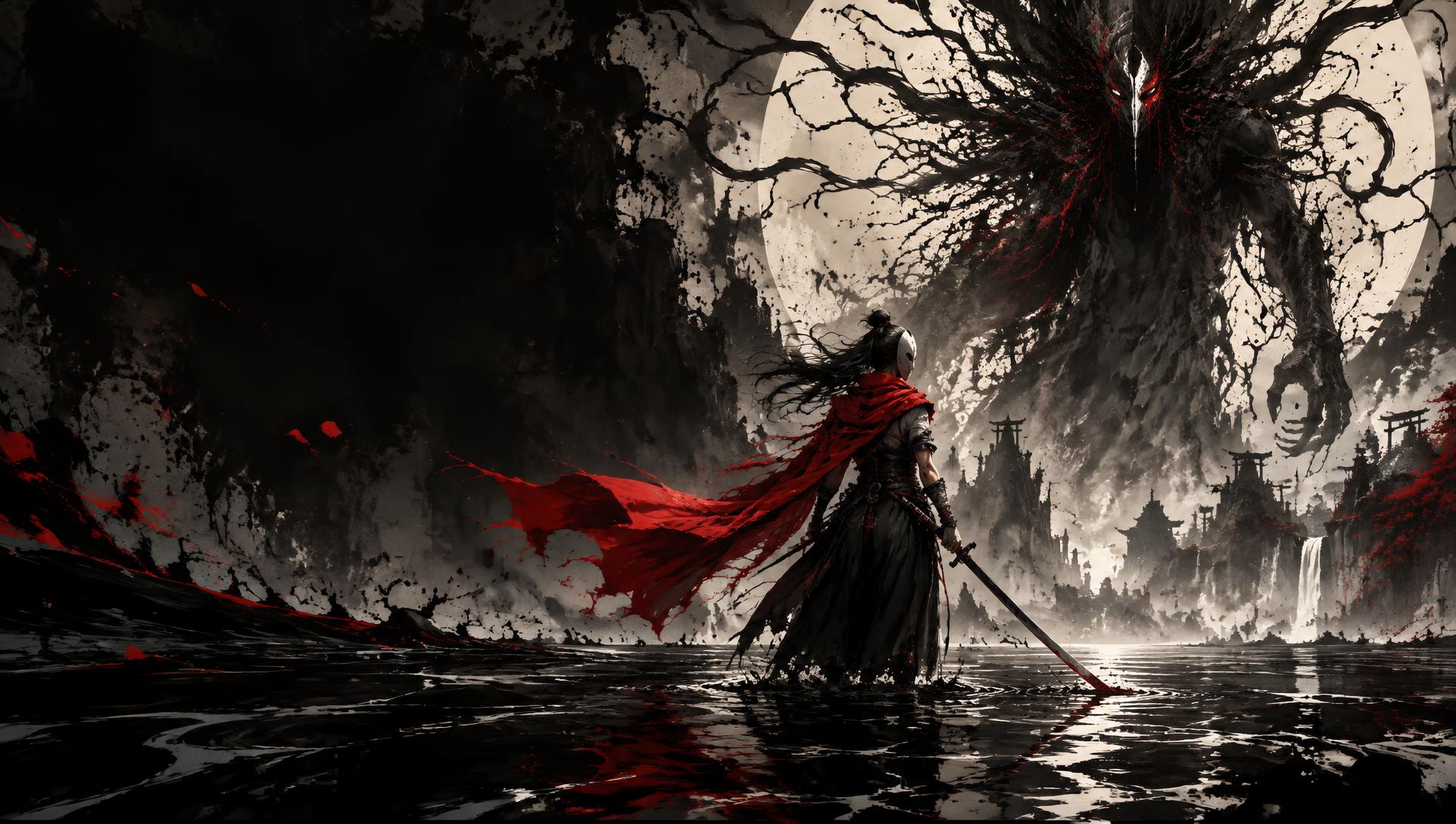 A masked warrior confronts an ancient ink creature